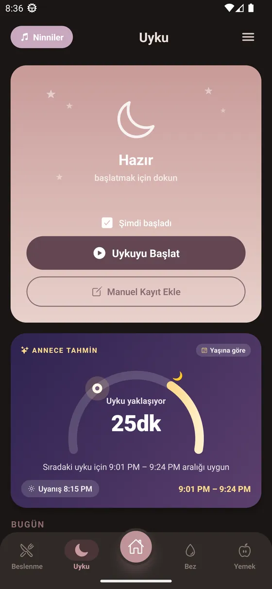 Annece uygulamasında uyku penceresi tahmini ekranı: sıradaki uyku 25 dakika sonra